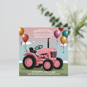 Carte d'anniversaire tracteur rose mignon 