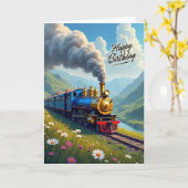 Carte d'anniversaire Train Bleu (Fleur jaune)
