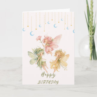 Carte d'anniversaire trio de fées à l'aquarelle -