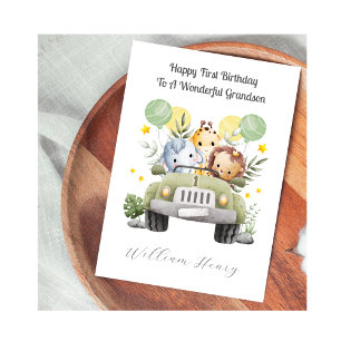 Carte d'anniversaire trio voiture safari pour 1 an