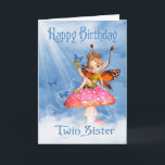 Carte D'Anniversaire Twin Sister - Fée Mignonne Su<br><div class="desc">Carte d'anniversaire Twin Sister - Fée mignonne sur un champignon</div>
