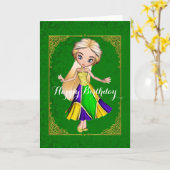 Carte d'anniversaire verte de la fille Mardi Gras (Fleur jaune)