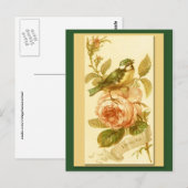 Carte D'Anniversaire vintage Avec Oiseau Et Rose (Devant / Derrière)