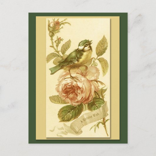 Carte D'Anniversaire vintage Avec Oiseau Et Rose (Devant)
