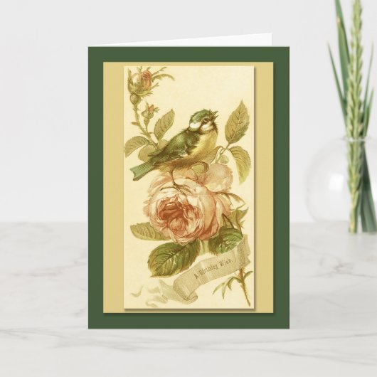 Carte D'Anniversaire vintage Avec Oiseau Et Rose (Devant)