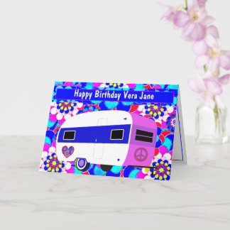 Carte d'anniversaire vintage Camper et Mood Flower