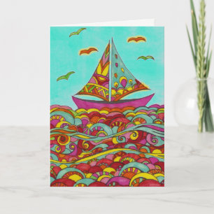 Carte d'anniversaire - Voilier rose et vert