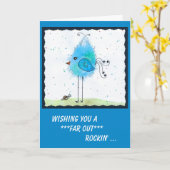 Carte d'anniversaire Whimsical Blue Far-out Bird (Fleur jaune)