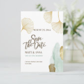 Carte d'annonce de feuilles dorées "Save the Date" (Debout devant)