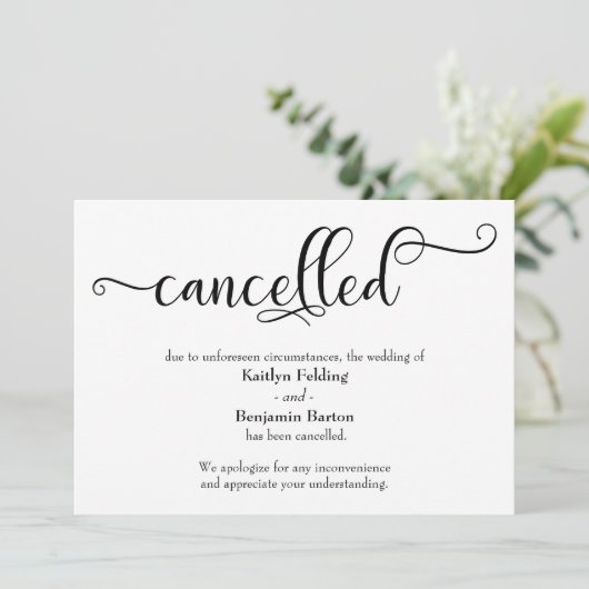 Carte d'annonce de mariage annulé avec calligraphi (Debout devant)