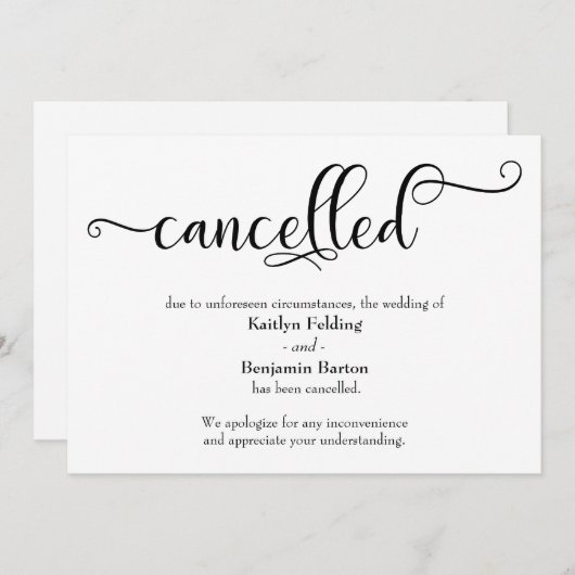 Carte d'annonce de mariage annulé en calligraphie (Devant / Derrière)