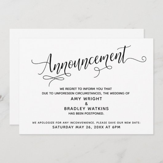 Carte d'annonce de mariage élégamment reporté (Devant / Derrière)