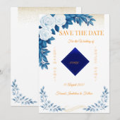 Carte d'annonce de mariage élégante à fleurs bleue (Devant / Derrière)