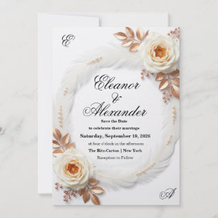 Carte d'annonce de mariage élégante blanche et ora