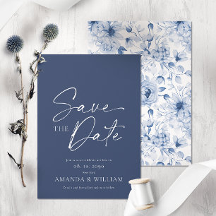 Carte d'annonce de mariage élégante bleue florale