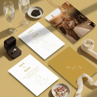 Carte d'annonce de mariage élégante en or et colom