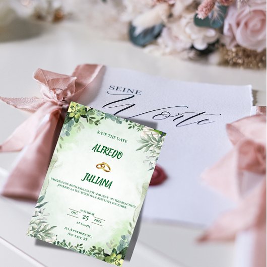 Carte d'annonce de mariage 'Élégante verdure'