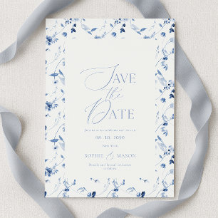 Carte d'annonce de mariage florale bleu poussiéreu