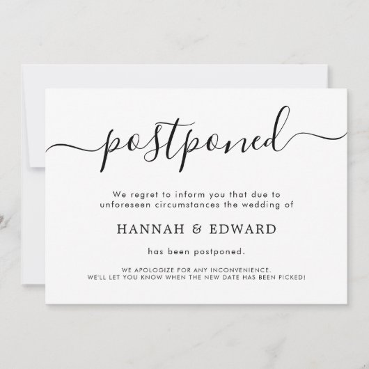 Carte d'annonce de mariage reporté moderne (Devant)