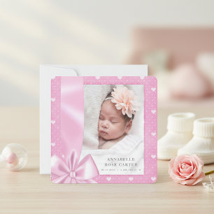 Carte d'annonce de naissance bébé ruban coeur rose