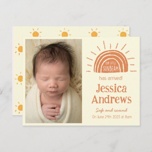 carte d'annonce de naissance boho ensoleillée avec (Devant / Derrière)