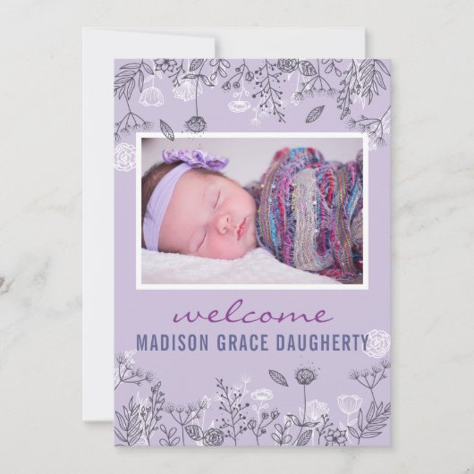 Carte d'annonce de naissance chic florale violette (Devant)