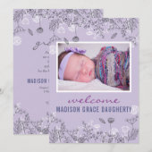Carte d'annonce de naissance chic florale violette (Devant / Derrière)