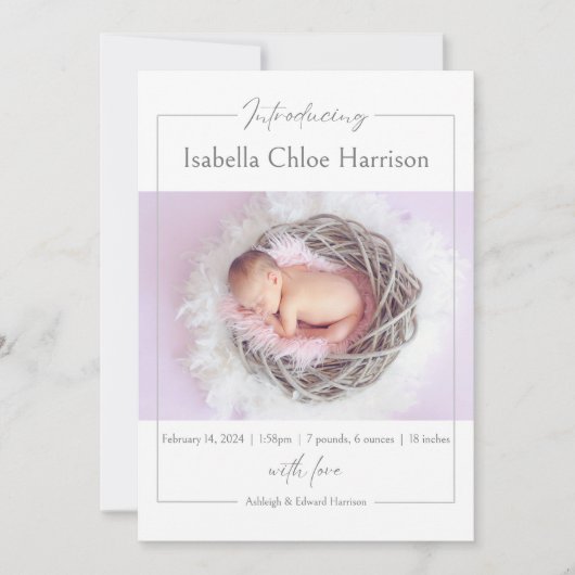 Carte d'annonce de naissance de bébé fille à l'écr (Devant)