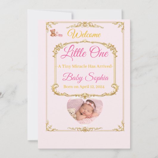 Carte d'annonce de naissance de bébé fille à l'our (Devant)