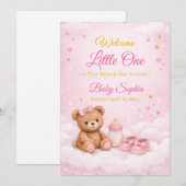 Carte d'annonce de naissance de bébé fille Ourson (Devant / Derrière)