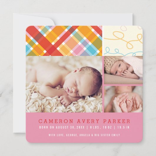 Carte d'annonce de naissance de bébé fille Patchwo (Devant)