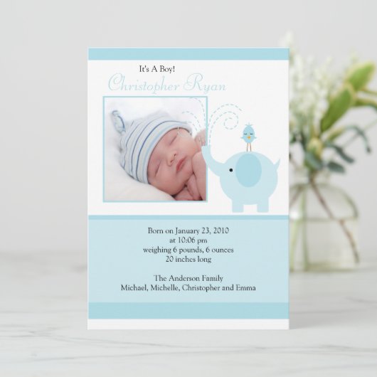 Carte d'annonce de naissance de bébé garçon élépha (Debout devant)