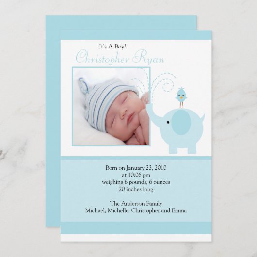 Carte d'annonce de naissance de bébé garçon élépha (Devant / Derrière)