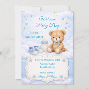 Carte d'annonce de naissance de bébé garçon Ourson
