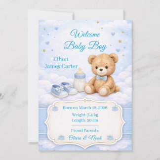 Carte d'annonce de naissance de bébé garçon Ourson