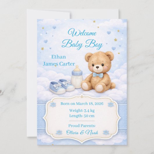 Carte d'annonce de naissance de bébé garçon Ourson (Devant)