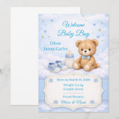 Carte d'annonce de naissance de bébé garçon Ourson (Devant / Derrière)