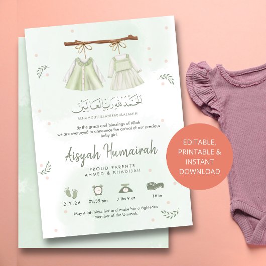 Carte d'annonce de naissance de bébé islamique ver