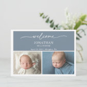 Carte d'annonce de naissance de bébé photo bleu ar (Debout devant)
