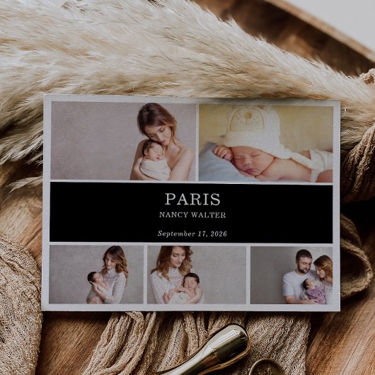 Carte d'annonce de naissance de bébé simple noir e