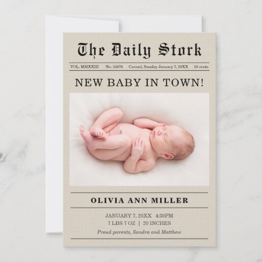 Carte d'annonce de naissance de style journal anci (Devant)