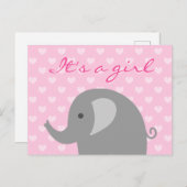 Carte d'annonce de naissance d'éléphant rose et gr (Devant / Derrière)