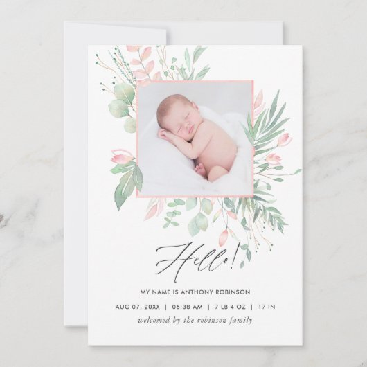 Carte d'annonce de naissance Pastel Blush Greenery (Devant)