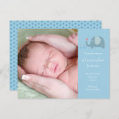 Carte d'annonce de naissance photo Garçon éléphant (Devant / Derrière)