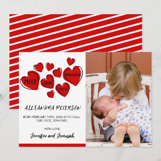 Carte d'annonce de naissance Saint-Valentin cœur d (Devant / Derrière)