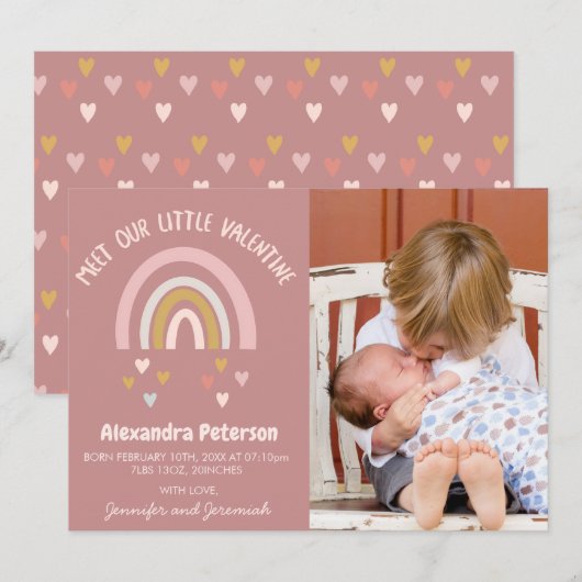 carte d'annonce de naissance Saint-Valentin cœurs (Devant / Derrière)