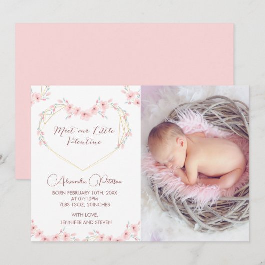 Carte d'annonce de naissance Saint-Valentin Élégan (Devant / Derrière)