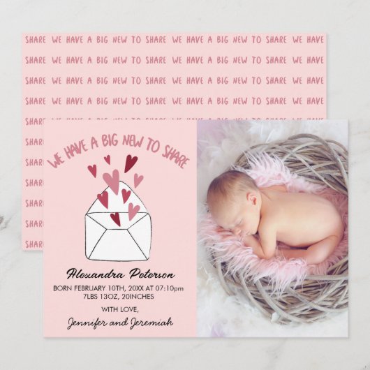 Carte d'annonce de naissance Saint-Valentin envelo (Devant / Derrière)