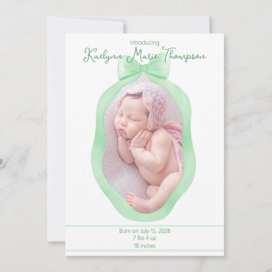 Carte d'annonce de naissance verte encadrée à la b (Devant)