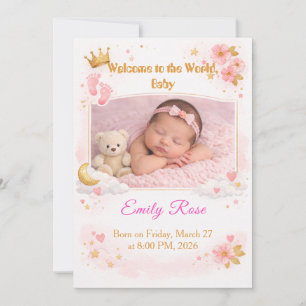 Carte d'annonce de photo de bébé fille Floral rose